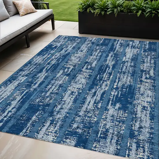 Blue And Ivory Striped Washable Indoor Outdoor Area Rug Photo 1