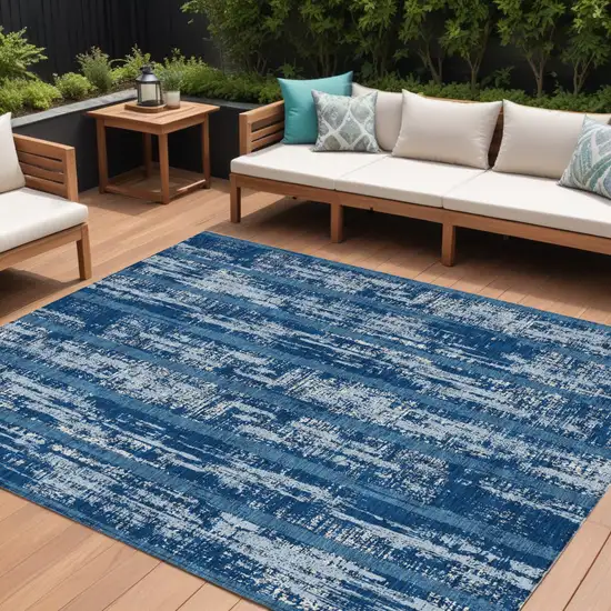 Blue And Ivory Striped Washable Indoor Outdoor Area Rug Photo 1