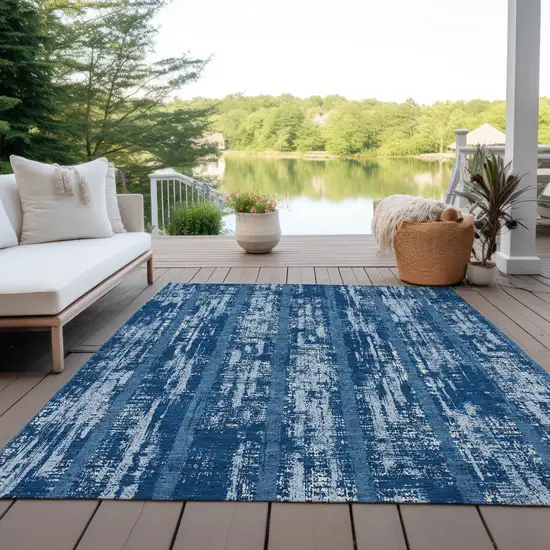Blue And Ivory Striped Washable Indoor Outdoor Area Rug Photo 8