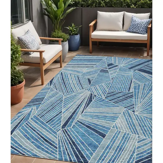 Blue And Teal Blue Geometric Washable Indoor Outdoor Area Rug Photo 1