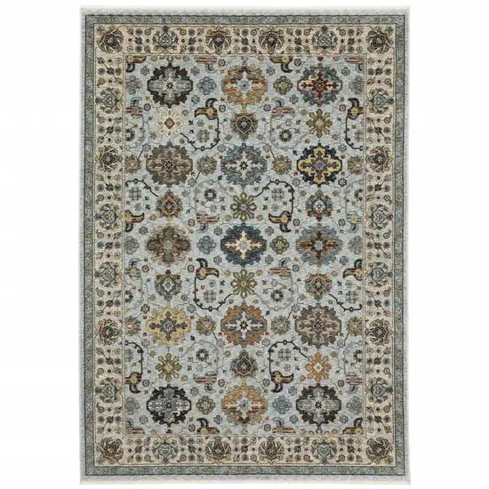 Blue Beige Grey Green Yellow And Rust Oriental Power Loom Stain Resistant Area Rug With Fringe Photo 1