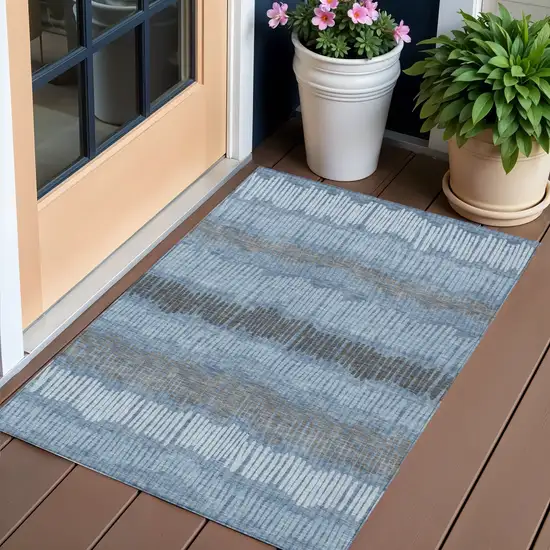 Blue Black And Gray Striped Washable Indoor Outdoor Area Rug Photo 1