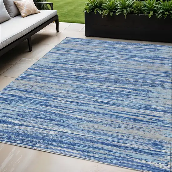 Blue Gray And Ivory Striped Washable Indoor Outdoor Area Rug Photo 1