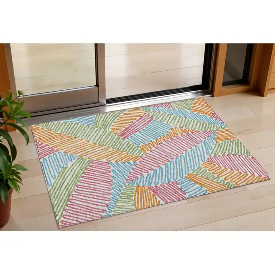 Blue Green And Pink Floral Washable Indoor Outdoor Area Rug Photo 1