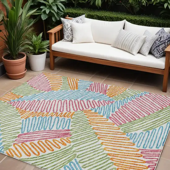 Blue Green And Pink Floral Washable Indoor Outdoor Area Rug Photo 1