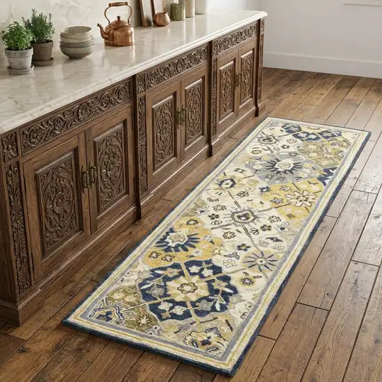 8' Blue And Gold Wool Geometric Hand Tufted Distressed Runner Rug Photo 1