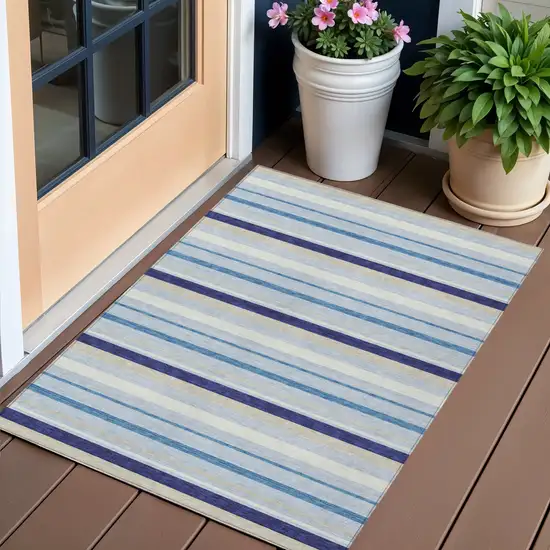 Blue Purple And Gray Striped Washable Indoor Outdoor Area Rug Photo 1