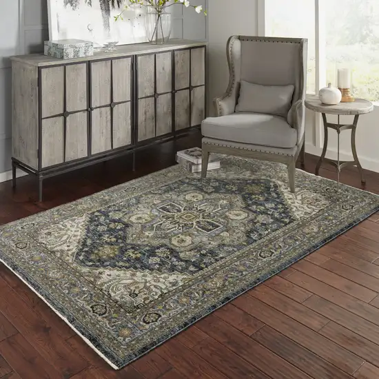 Blue Taupe Grey Green Rust Tan Beige And Gold Oriental Power Loom Stain Resistant Area Rug With Fringe Photo 9