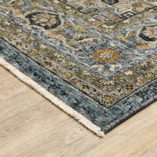 Blue Taupe Grey Green Rust Tan Beige And Gold Oriental Power Loom Stain Resistant Area Rug With Fringe Photo 6