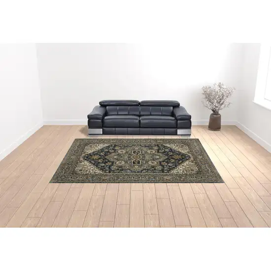 Blue Taupe Grey Green Rust Tan Beige And Gold Oriental Power Loom Stain Resistant Area Rug With Fringe Photo 3