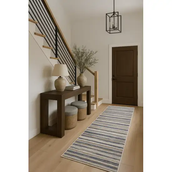 2' X 6' Blue And Beige Distressed Stripes Area Rug Photo 6