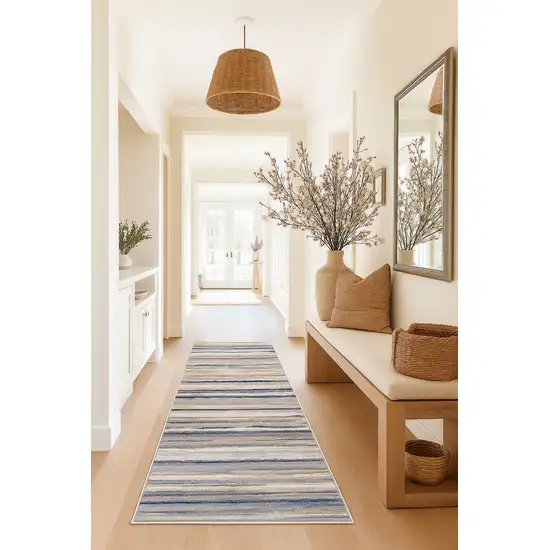 2' X 6' Blue And Beige Distressed Stripes Area Rug Photo 4