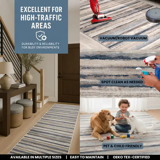 2' X 6' Blue And Beige Distressed Stripes Area Rug Photo 5