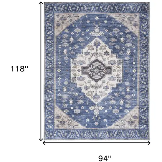 Blue and Beige Oriental Power Loom Distressed Washable Non Skid Area Rug Photo 10