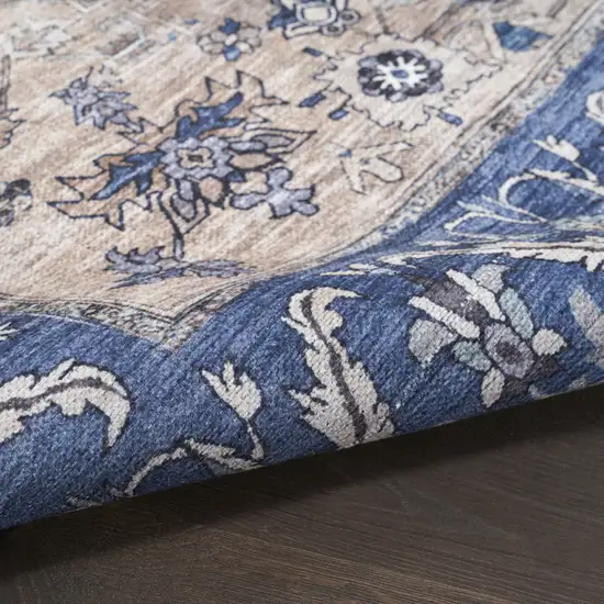 Blue and Ivory Medallion Power Loom Distressed Washable Non Skid Area Rug Photo 8