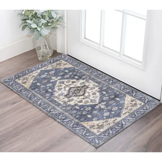 Blue and Ivory Medallion Power Loom Distressed Washable Non Skid Area Rug Photo 1