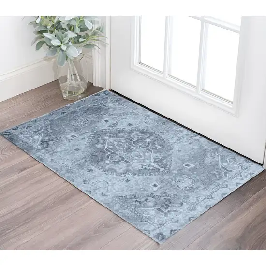 Blue and Ivory Oriental Distressed Area Rug Photo 1