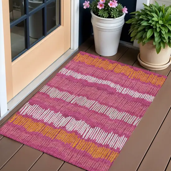 Blush Ivory And Brown Striped Washable Indoor Outdoor Area Rug Photo 1