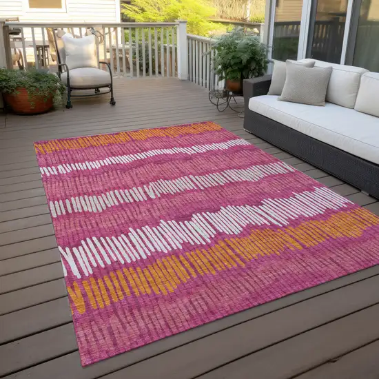 Blush Ivory And Brown Striped Washable Indoor Outdoor Area Rug Photo 9
