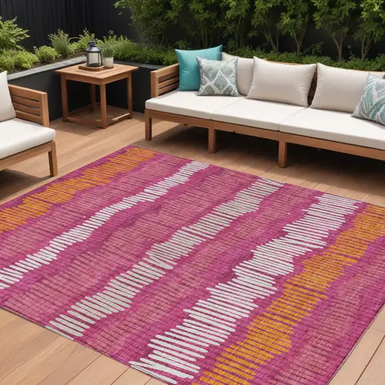 Blush Ivory And Brown Striped Washable Indoor Outdoor Area Rug Photo 1