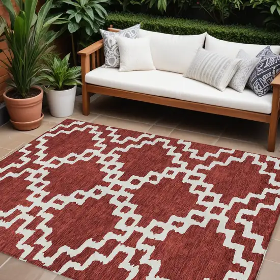 Brick Red And Ivory Geometric Washable Indoor Outdoor Area Rug Photo 1