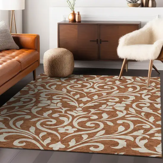 Brown And Beige Floral Washable Indoor Outdoor Area Rug Photo 9
