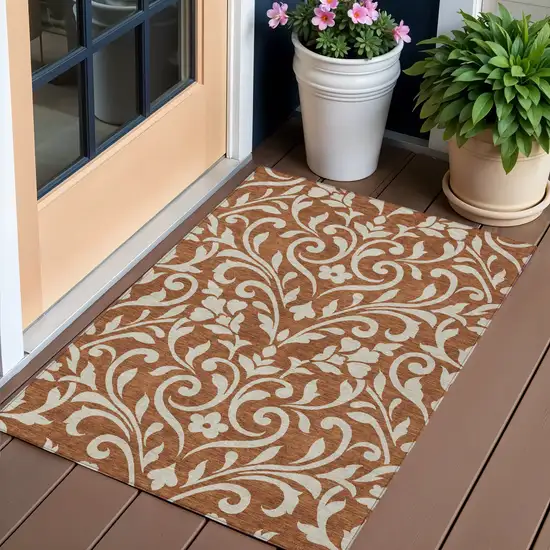 Brown And Beige Floral Washable Indoor Outdoor Area Rug Photo 1