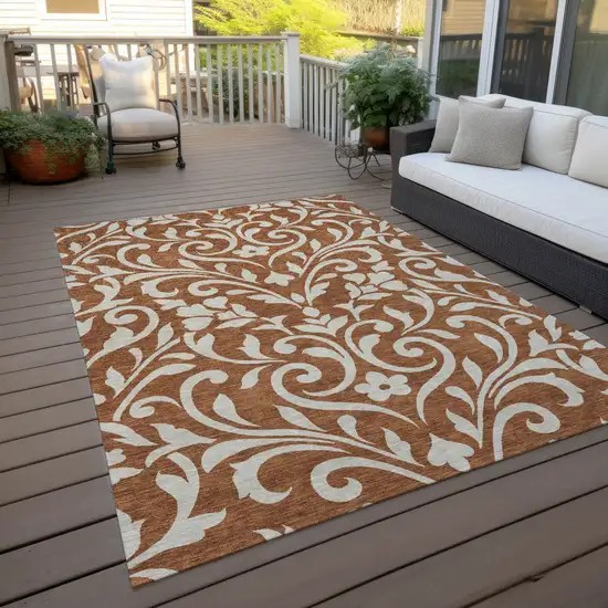 Brown And Beige Floral Washable Indoor Outdoor Area Rug Photo 7