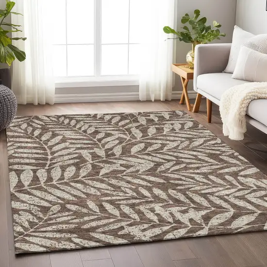 Brown And Beige Floral Washable Indoor Outdoor Area Rug Photo 9