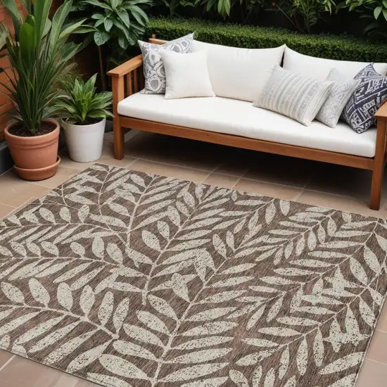 Brown And Beige Floral Washable Indoor Outdoor Area Rug Photo 1