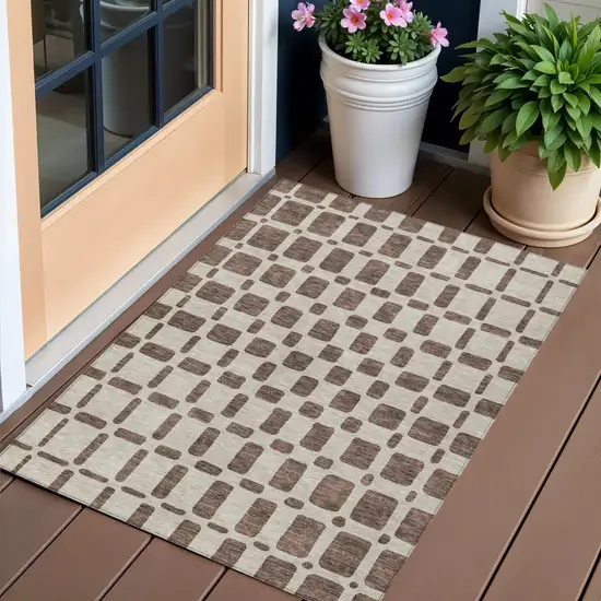 Brown And Beige Geometric Washable Indoor Outdoor Area Rug Photo 1
