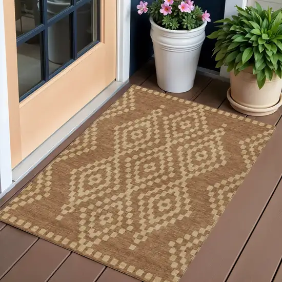Brown And Beige Geometric Washable Indoor Outdoor Area Rug Photo 1