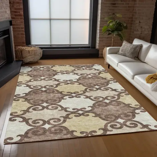Brown And Beige Trellis Washable Indoor Outdoor Area Rug Photo 9