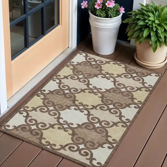 Brown And Beige Trellis Washable Indoor Outdoor Area Rug Photo 1