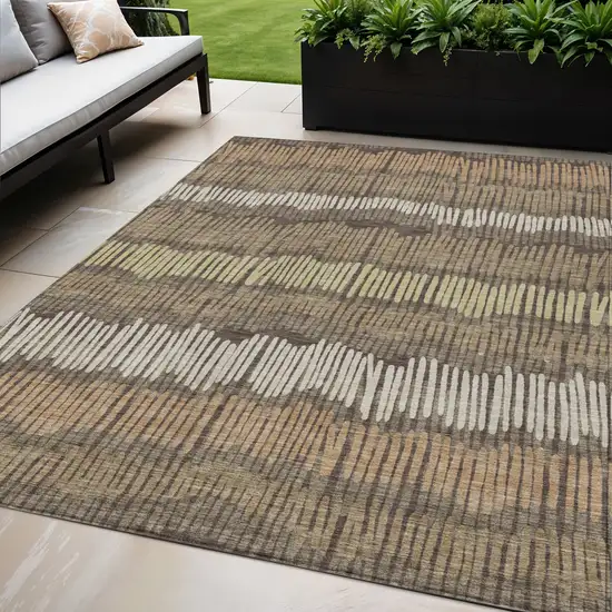 Brown And Dark Green Striped Washable Indoor Outdoor Area Rug Photo 1