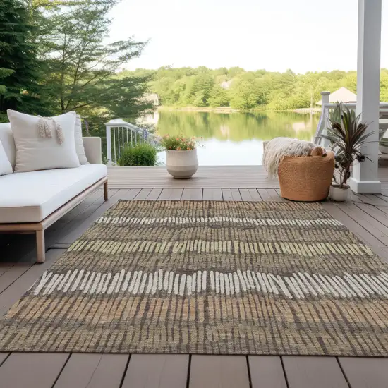 Brown And Dark Green Striped Washable Indoor Outdoor Area Rug Photo 8