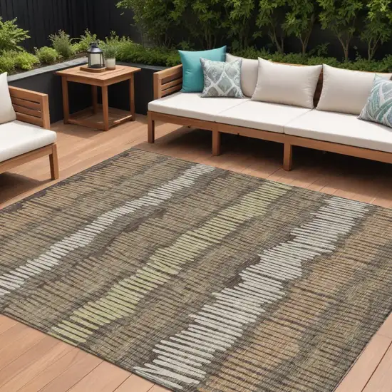 Brown And Dark Green Striped Washable Indoor Outdoor Area Rug Photo 1