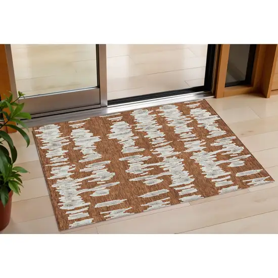 Brown And Gray Striped Washable Indoor Outdoor Area Rug Photo 1