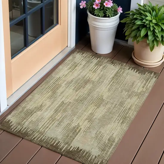 Brown And Green Striped Washable Indoor Outdoor Area Rug Photo 1