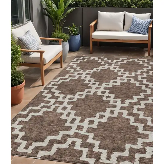 Brown And Ivory Geometric Washable Indoor Outdoor Area Rug Photo 1