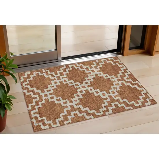 Brown And Ivory Geometric Washable Indoor Outdoor Area Rug Photo 1