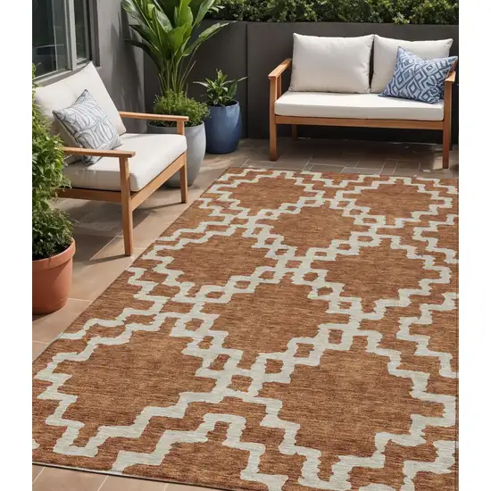 Brown And Ivory Geometric Washable Indoor Outdoor Area Rug Photo 1