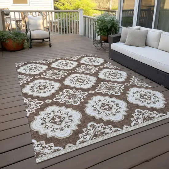 Brown And Ivory Medallion Washable Indoor Outdoor Area Rug Photo 9