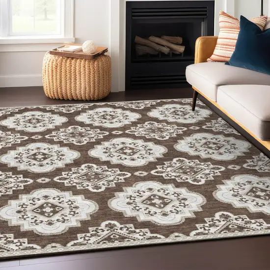 Brown And Ivory Medallion Washable Indoor Outdoor Area Rug Photo 8