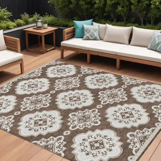 Brown And Ivory Medallion Washable Indoor Outdoor Area Rug Photo 1