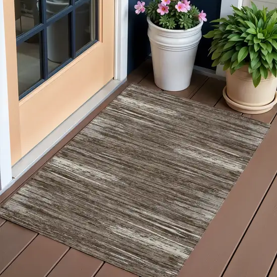 Brown And Ivory Striped Washable Indoor Outdoor Area Rug Photo 1