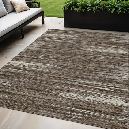 Brown And Ivory Striped Washable Indoor Outdoor Area Rug Photo 1