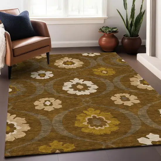 Brown Beige And Gold Medallion Washable Indoor Outdoor Area Rug Photo 9
