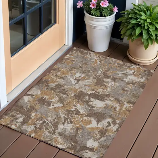Brown Beige And Gray Floral Washable Indoor Outdoor Area Rug Photo 1