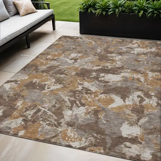 Brown Beige And Gray Floral Washable Indoor Outdoor Area Rug Photo 1